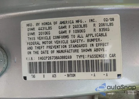 2008 Honda Accord 2.4 Ex из США, поврежденный, VIN 1HGCP26738A088249